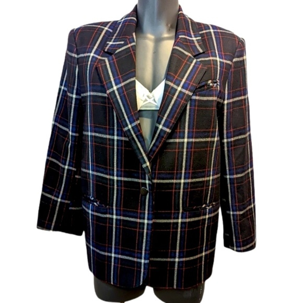 Vintage 100% Wool Black Plaid Blazer sz 15-16